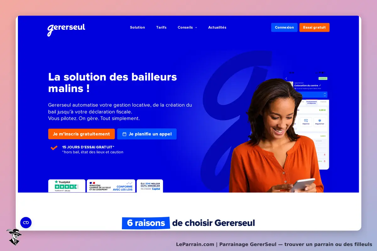GererSeul : page d'accueil présentant la solution de gestion locative avec une femme utilisant un