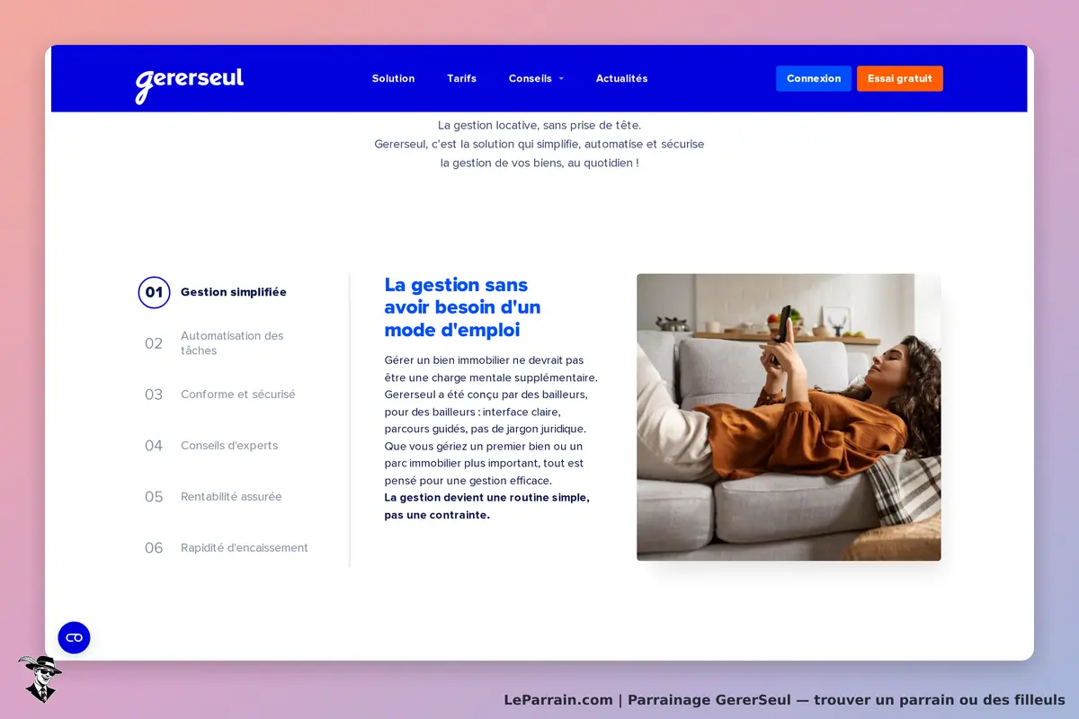 gererseul : page d'accueil avec un texte sur la gestion simplifiée et une image d'une femme sur un