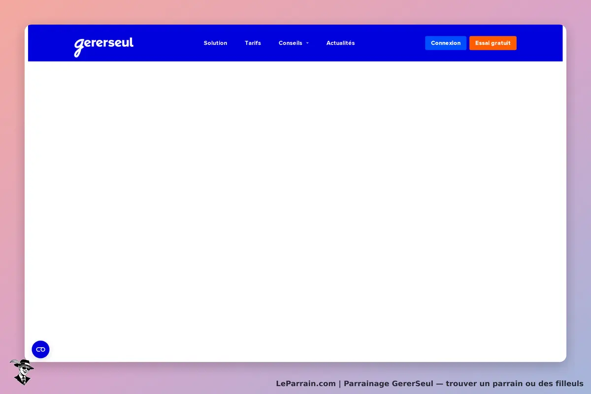 GererSeul : page d'accueil avec logo, menu de navigation et boutons de connexion et d'essai gratuit