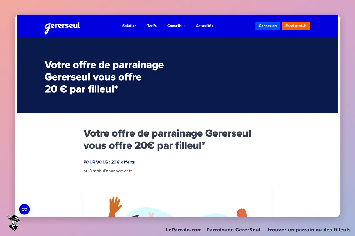 gererseul : page d'accueil présentant une offre de parrainage avec un formulaire et des