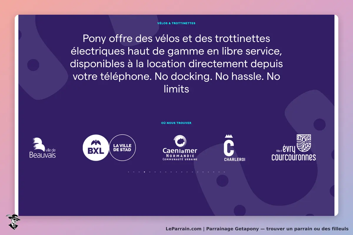 Getapony : page d'accueil présentant des vélos et trottinettes en libre-service