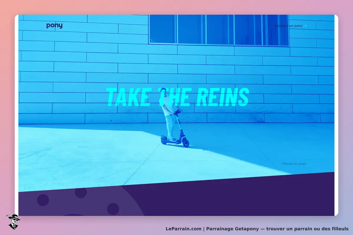 Getapony : un jeune homme sur une trottinette devant un mur avec le texte "TAKE THE REINS"