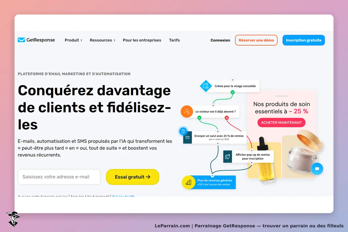 GetResponse : page d'accueil avec un formulaire d'inscription et des éléments graphiques