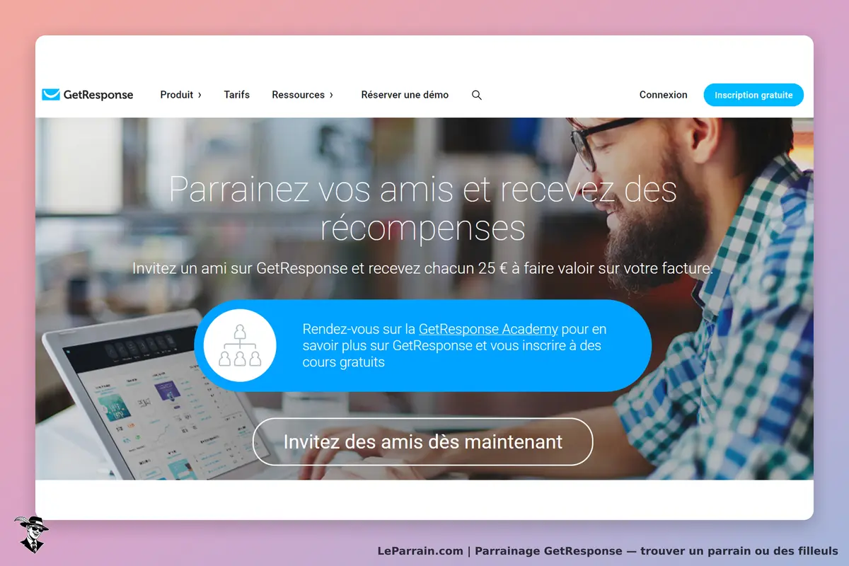 GetResponse : page d'accueil présentant un programme de parrainage avec un homme utilisant un