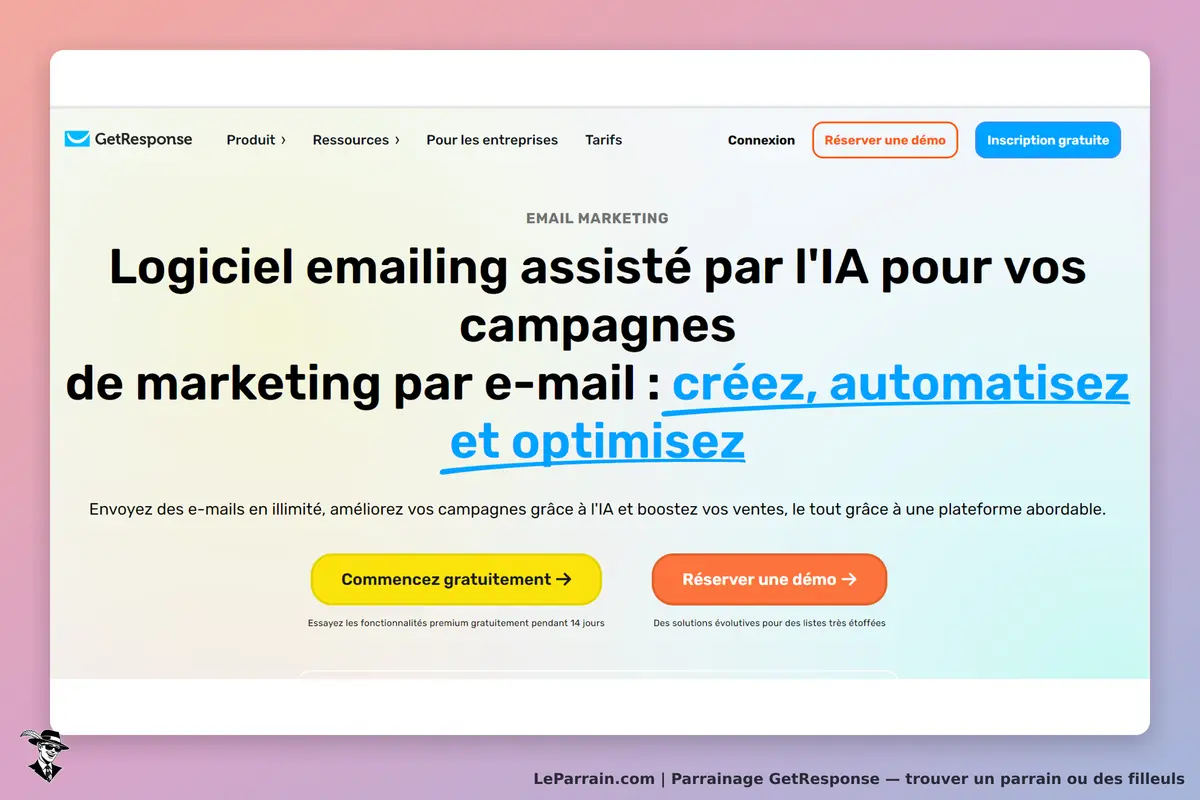 GetResponse : page d'accueil présentant un logiciel d'emailing assisté par l'IA