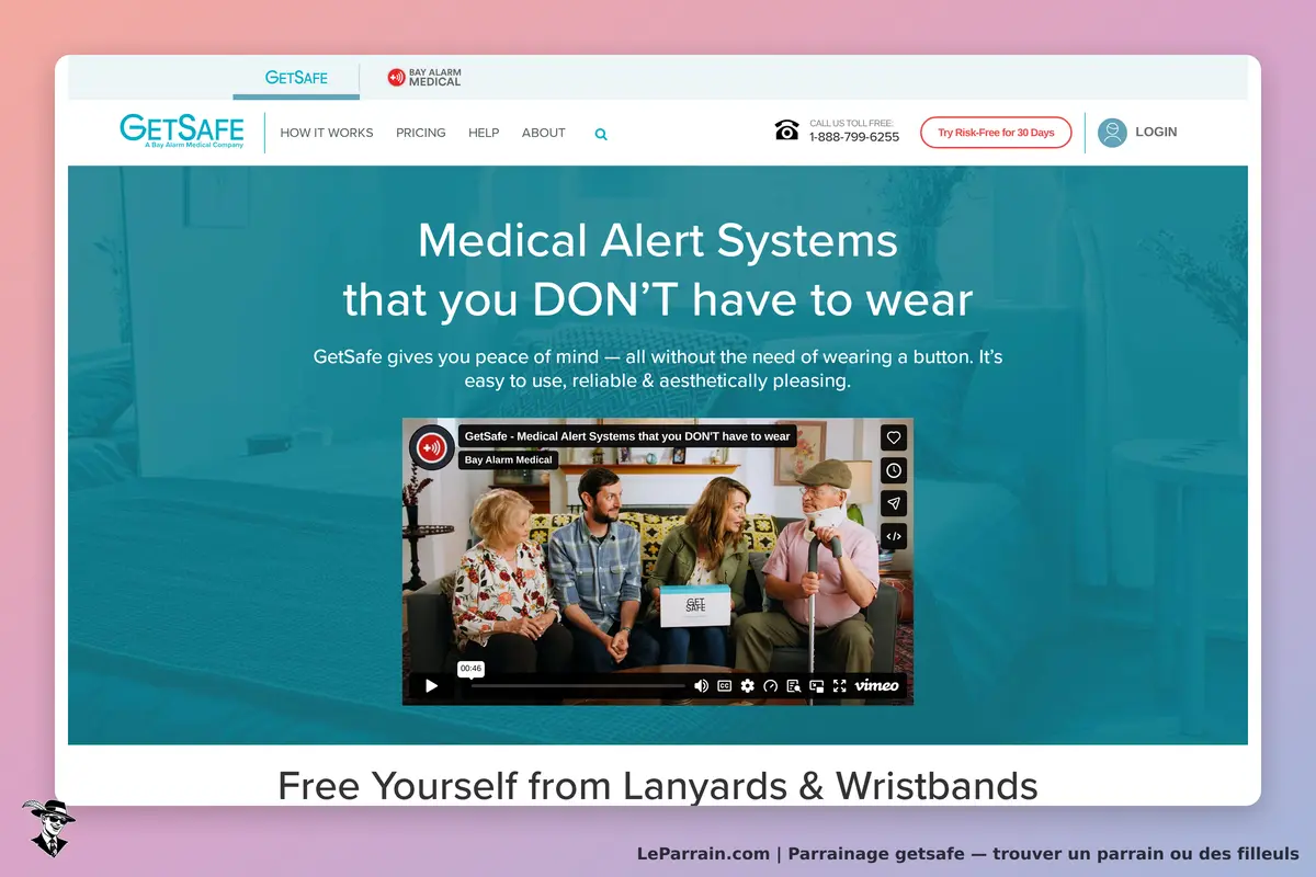 GetSafe : page d'accueil avec vidéo et texte sur les systèmes d'alerte médicale sans bouton