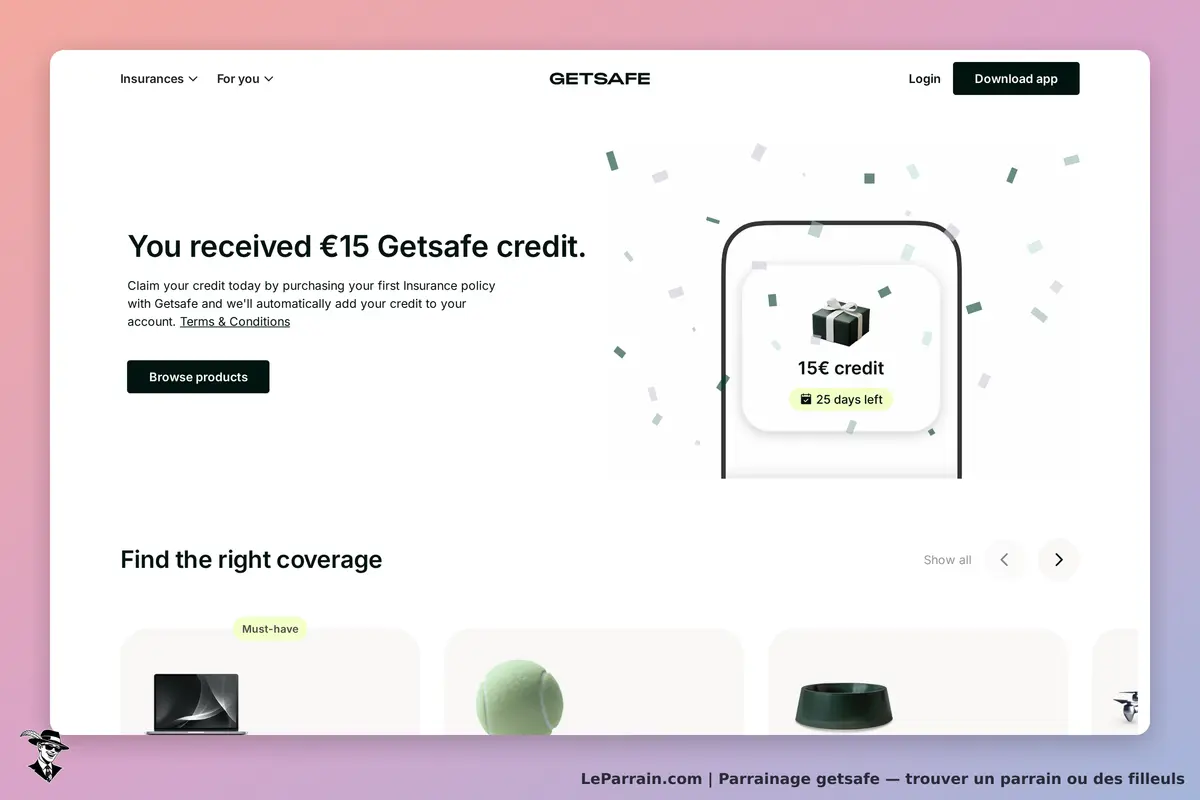 getsafe : page d'accueil avec une notification de crédit et des produits d'assurance à explorer