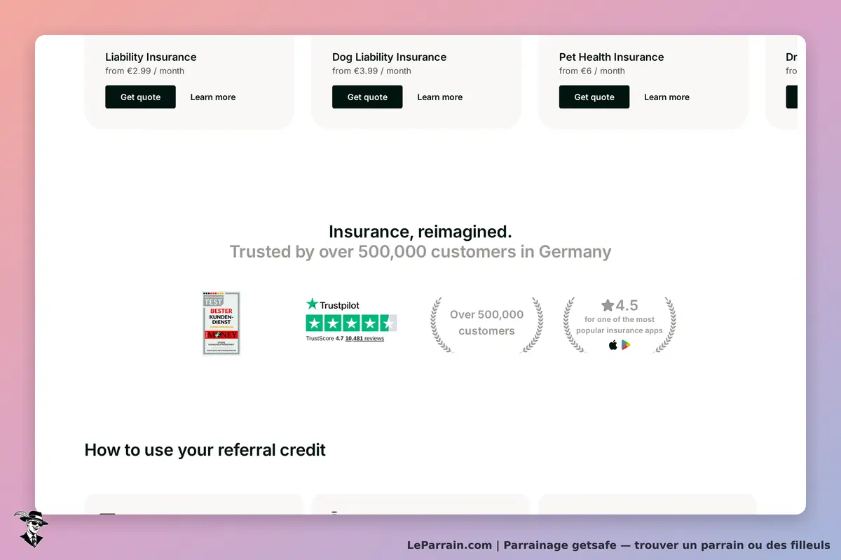 getsafe : section inférieure du site avec assurances et évaluations de clients