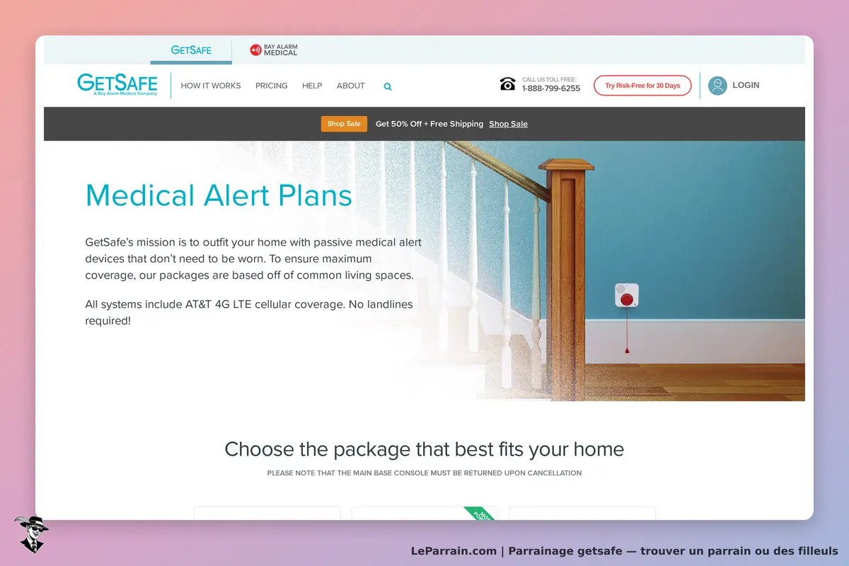 GetSafe : page d'accueil présentant des plans d'alerte médicale et un dispositif visible
