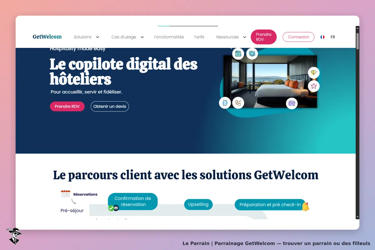 GetWelcom : page d'accueil avec un aperçu d'hôtel et des boutons pour prendre rendez-vous