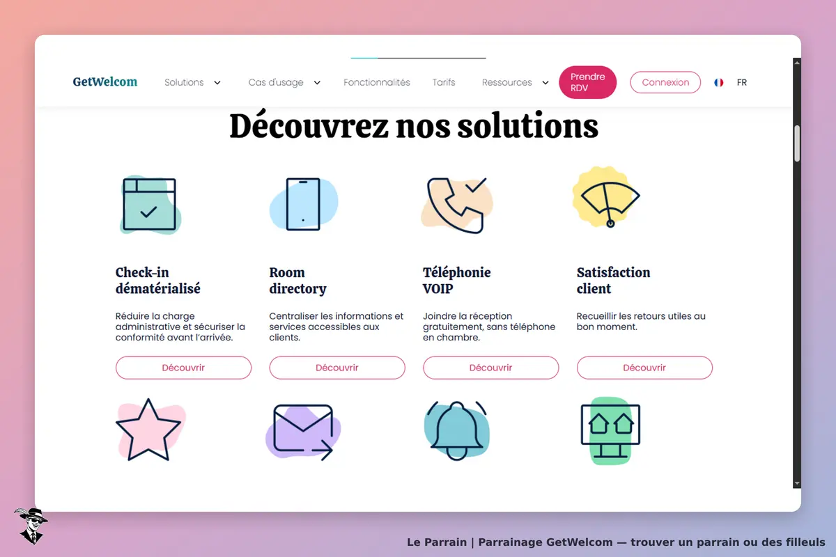 GetWelcom : page d'accueil présentant des solutions avec icônes et descriptions