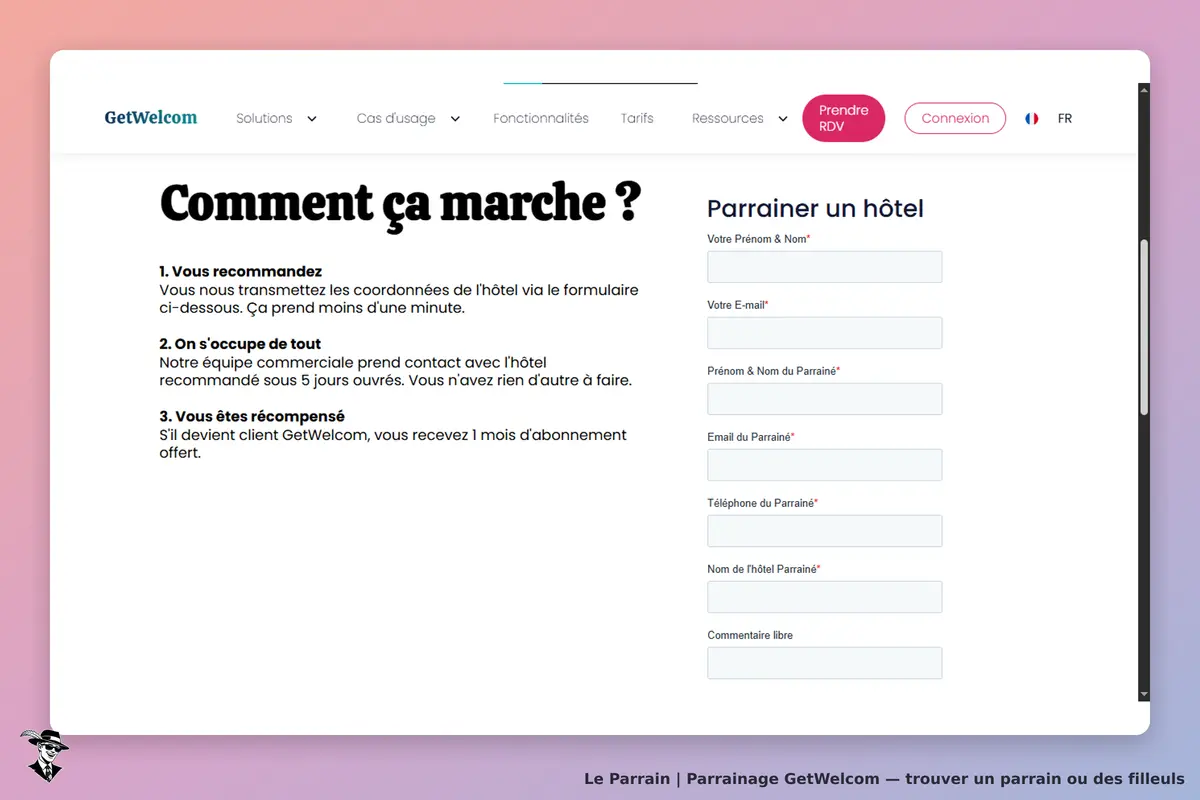 GetWelcom : page expliquant le parrainage avec un formulaire à remplir pour recommander un hôtel