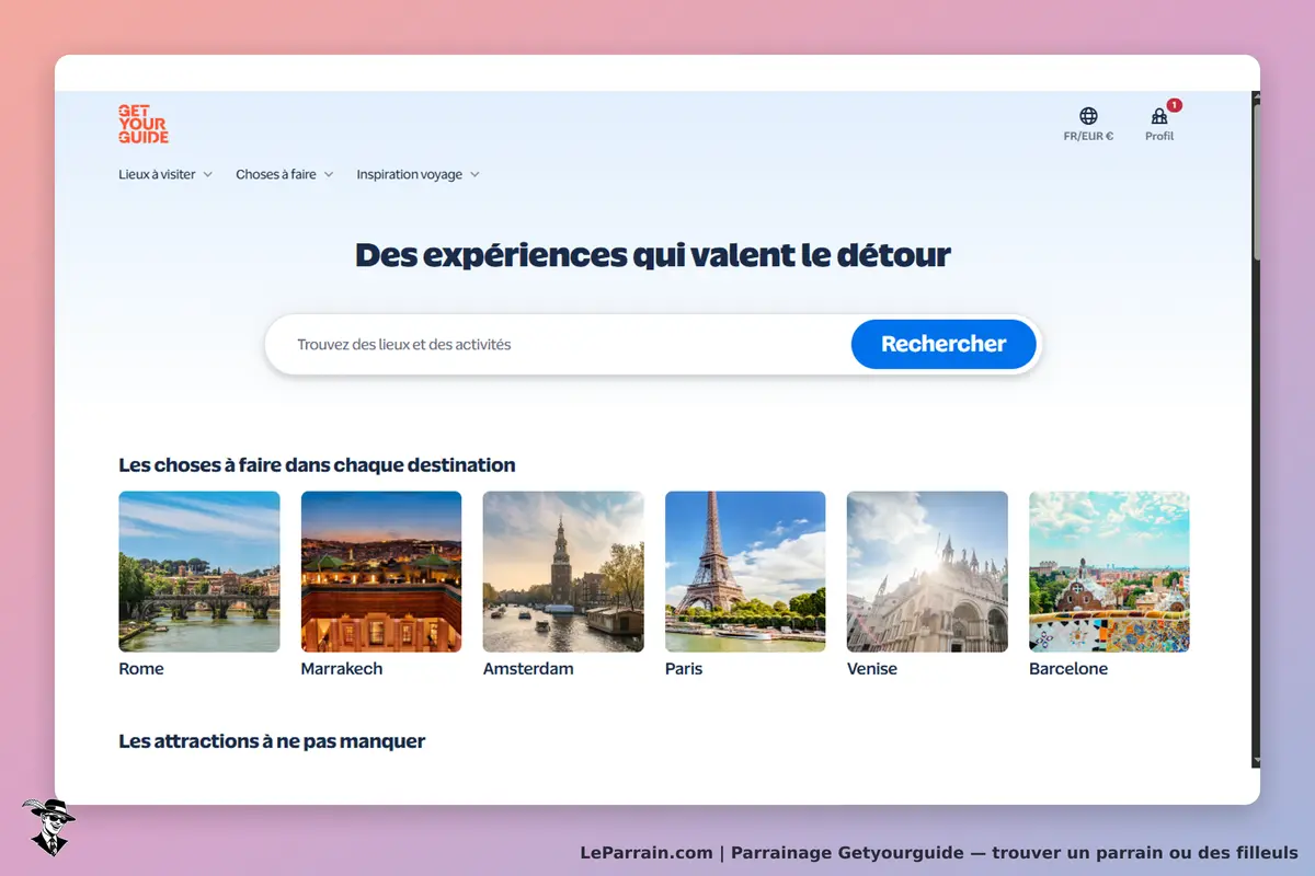 GetYourGuide : page d'accueil avec recherche et images de destinations touristiques
