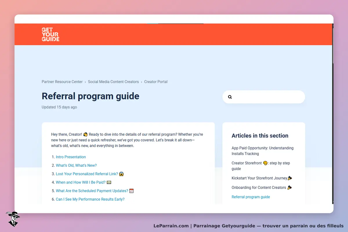 GetYourGuide : guide sur le programme de parrainage avec articles et sections de navigation