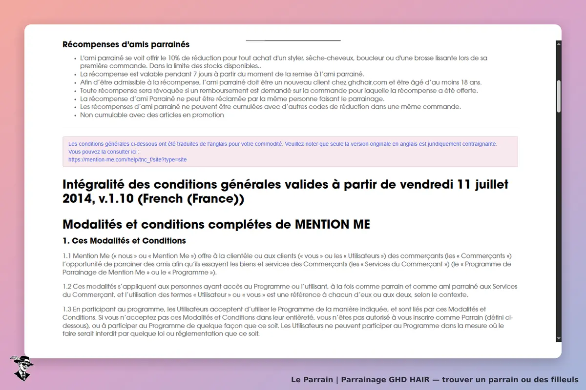 GHD HAIR : conditions générales et modalités du programme de parrainage affichées sur la page