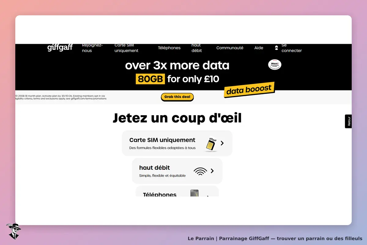 GiffGaff : page d'accueil avec options pour carte SIM, haut débit et téléphones