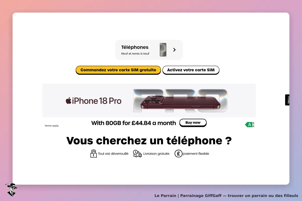 GiffGaff : page d'accueil avec l'iPhone 18 Pro et options de commande de carte SIM gratuite