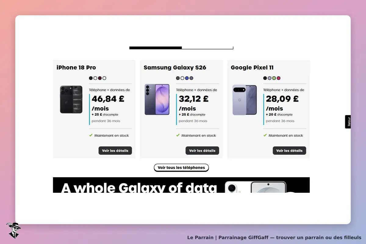 GiffGaff : trois modèles de smartphones avec options et informations de stock visibles