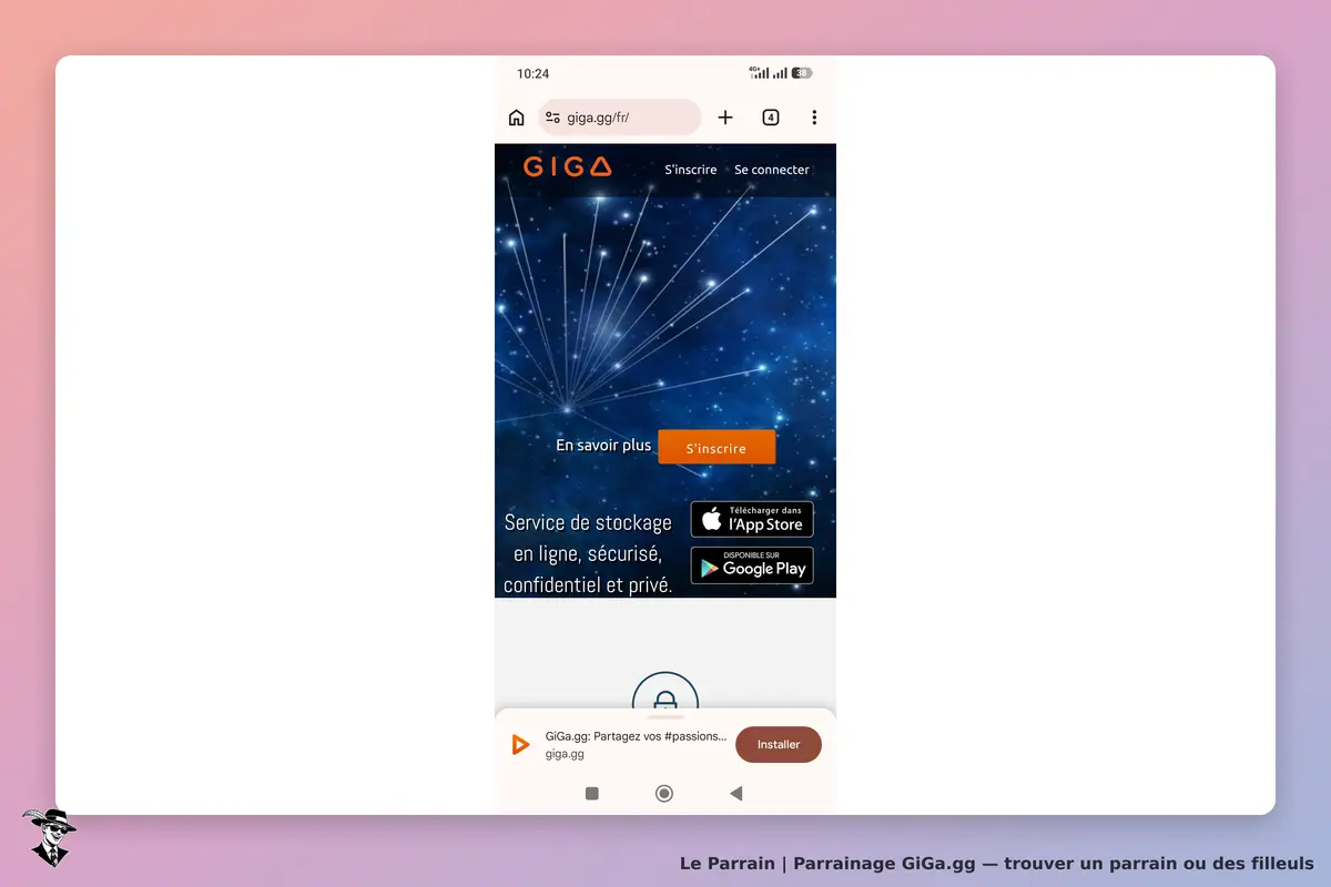GiGa.gg : giGa : page d'accueil avec des options d'inscription et de connexion, fond étoilé