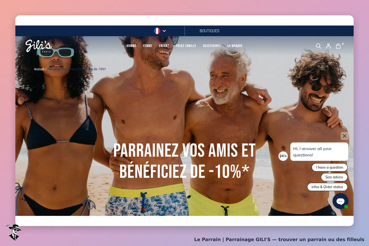 GILI'S : quatre personnes souriantes sur la plage, en maillots de bain, avec un message