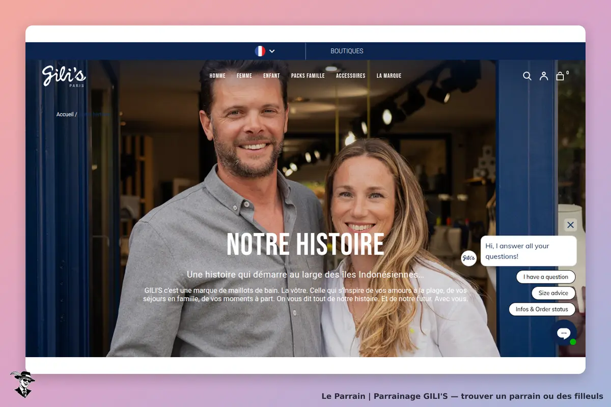 GILI'S : page d'accueil avec deux personnes souriantes et un aperçu de la boutique en arrière-plan