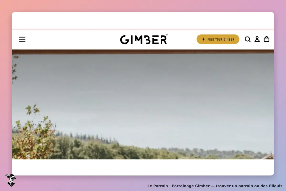 Gimber : en-tête du site avec logo et bouton "Find your Gimber" sur fond naturel