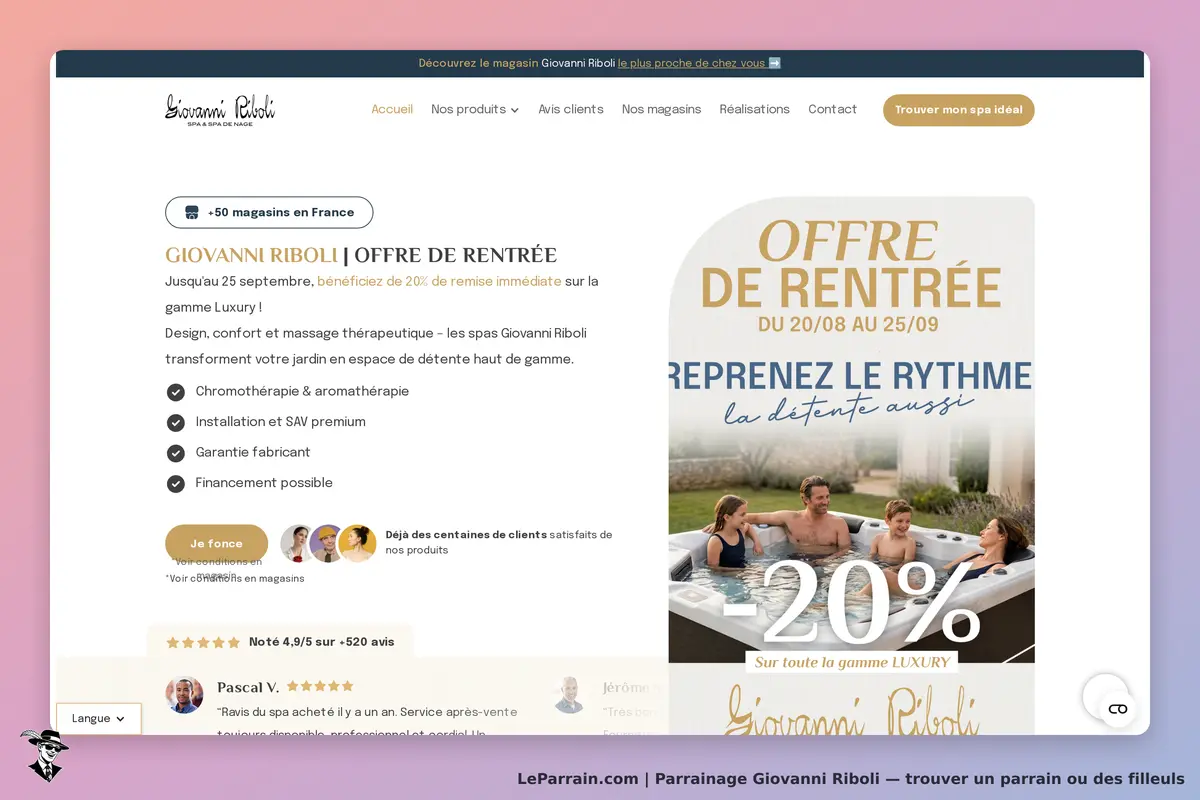 Giovanni Riboli : page d'accueil avec offre de rentrée et description des spas de jardin