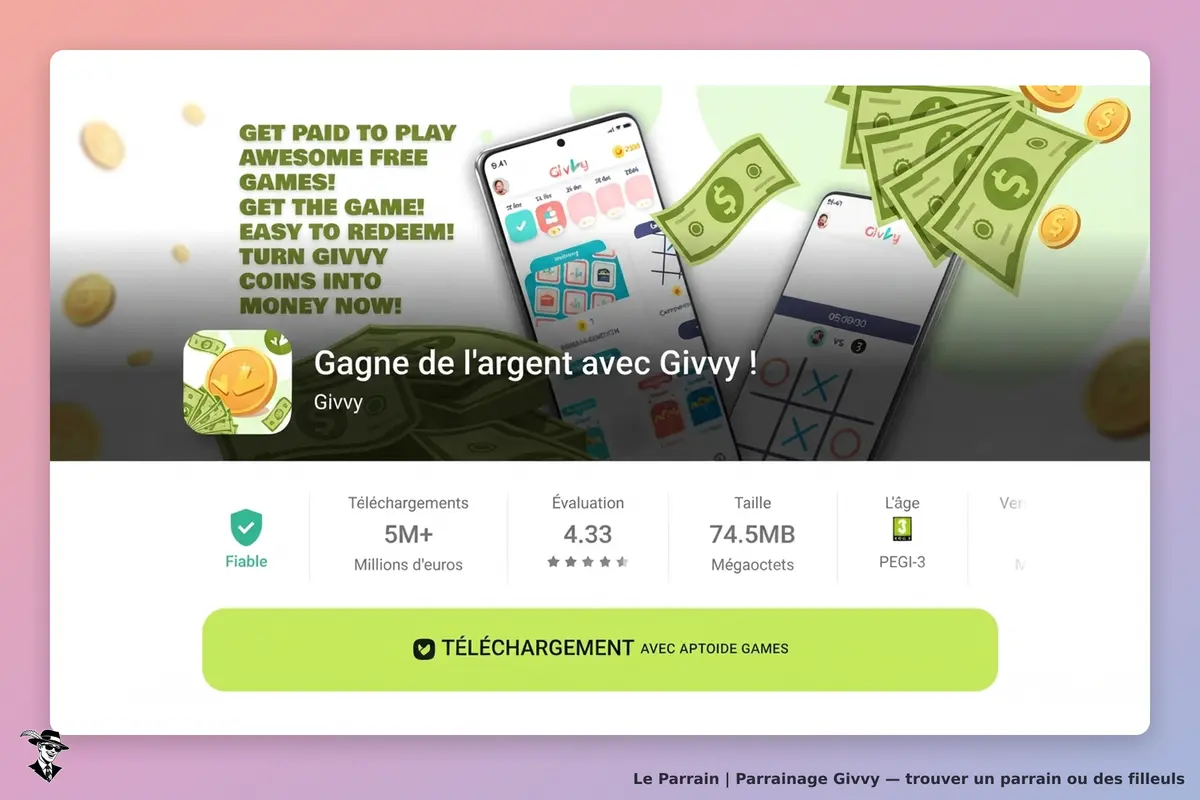 Givvy : page d'accueil affichant le titre, l'évaluation et les informations de téléchargement
