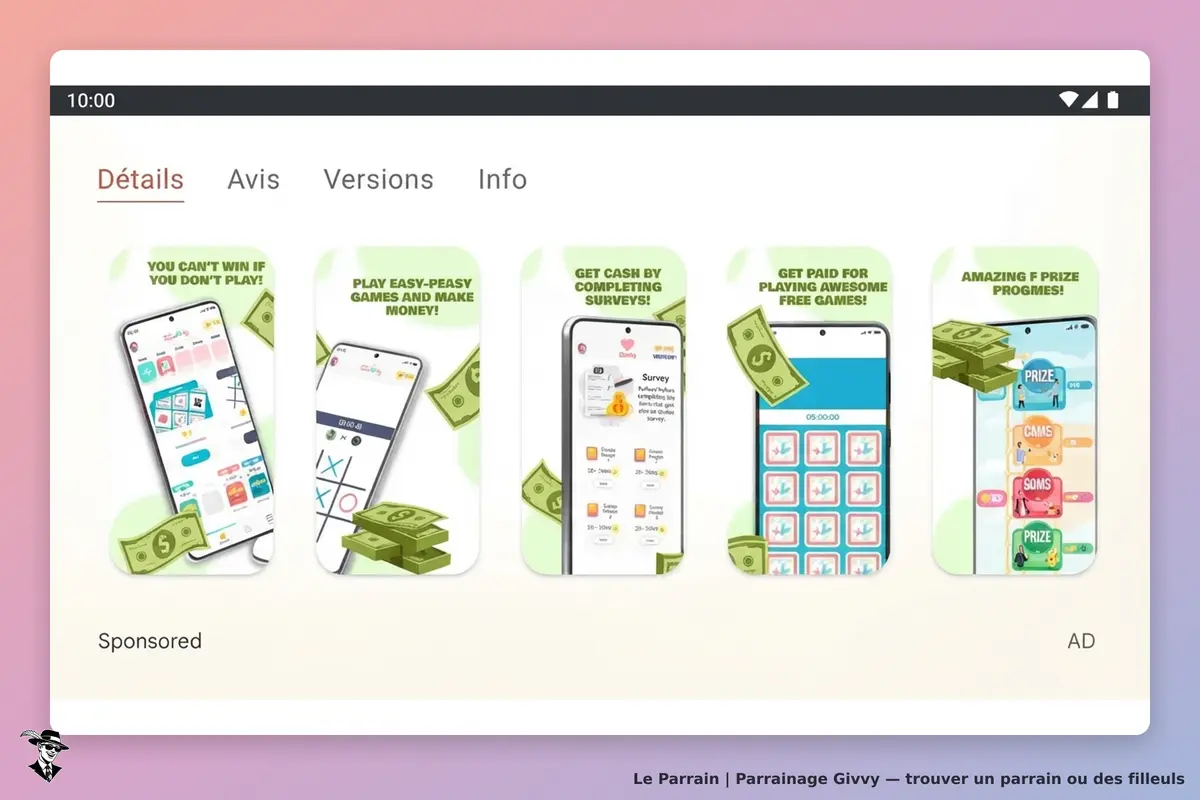 Givvy : captures d'écran d'applications de jeux et de sondages avec des billets de banque
