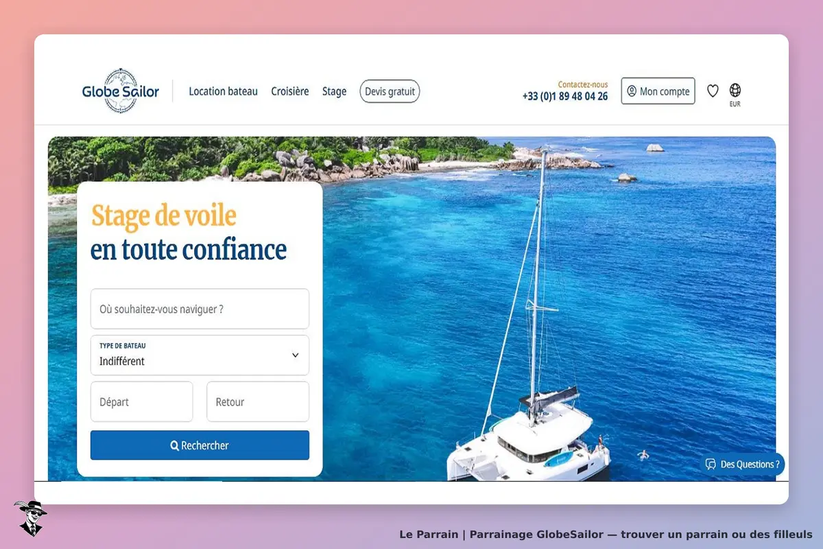 GlobeSailor : page d'accueil avec un formulaire de recherche pour un stage de voile