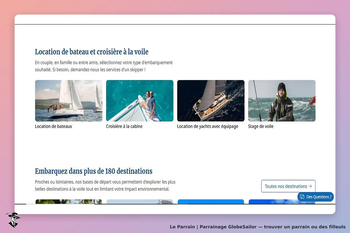 GlobeSailor : page d'accueil avec options de location de bateaux et croisières à la voile