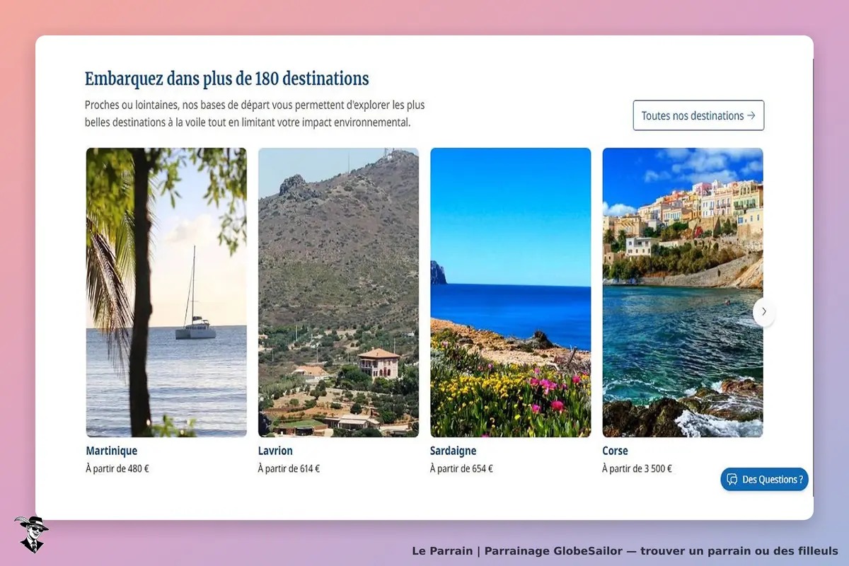 GlobeSailor : page d'accueil présentant des destinations de navigation avec images et descriptions