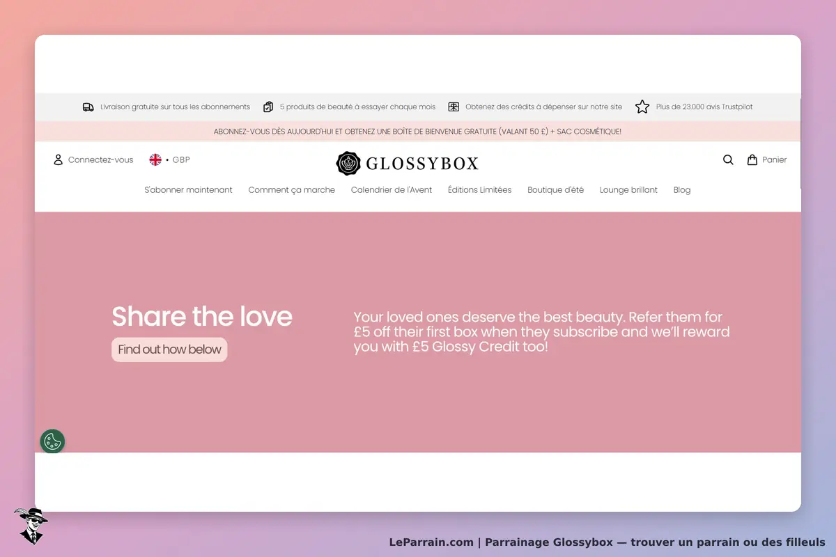 Glossybox : page d'accueil avec message sur le parrainage et options de connexion