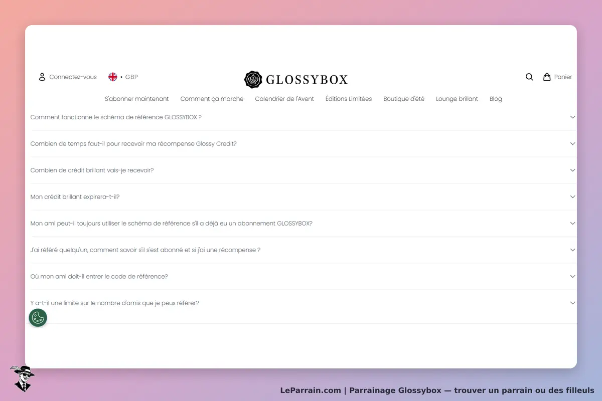 Glossybox : page FAQ avec plusieurs questions sur le parrainage et les récompenses