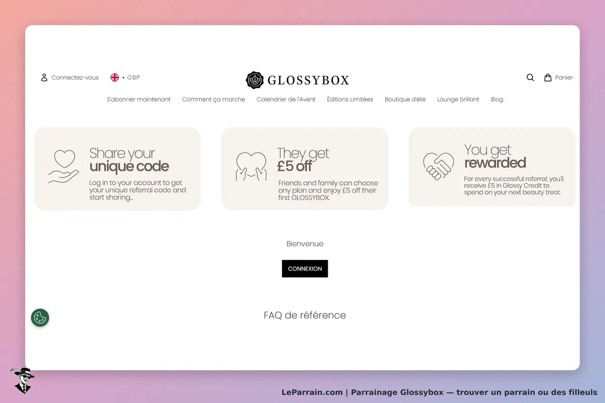 Glossybox : page d'accueil avec options de partage et connexion au compte utilisateur