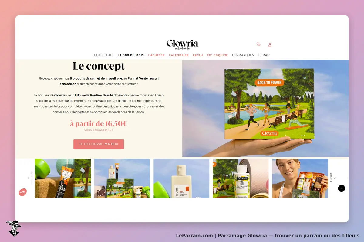 Glowria : page d'accueil présentant le concept de la box beauté et des produits associés
