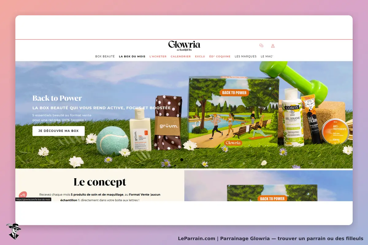 Glowria : page d'accueil présentant la box beauté "Back to Power" avec divers produits