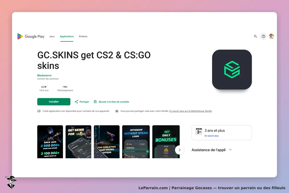Gocases : page d'accueil de l'application GC.SKINS sur Google Play avec visuels et avis