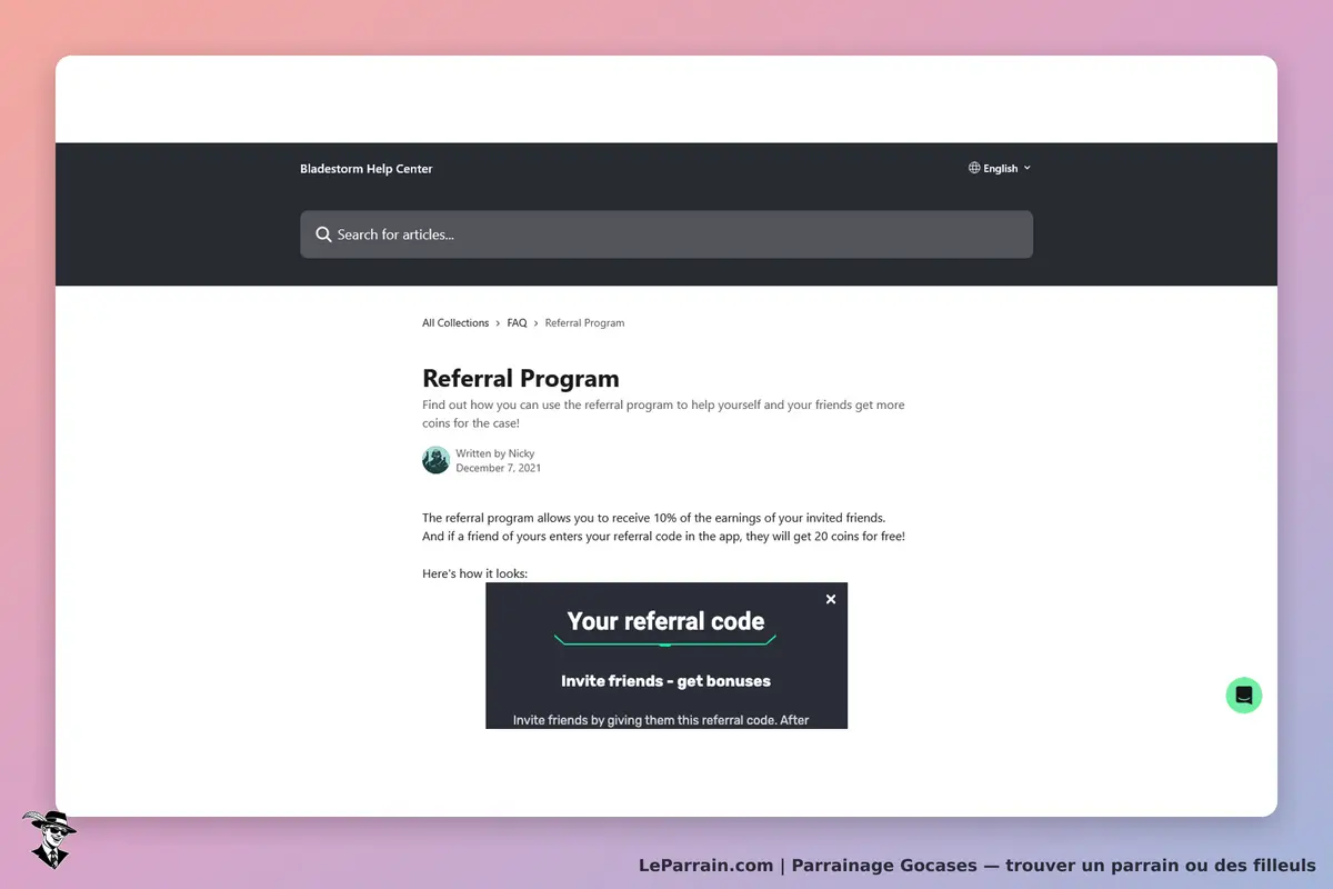 Gocases : page d'aide sur le programme de parrainage avec un code de référence affiché