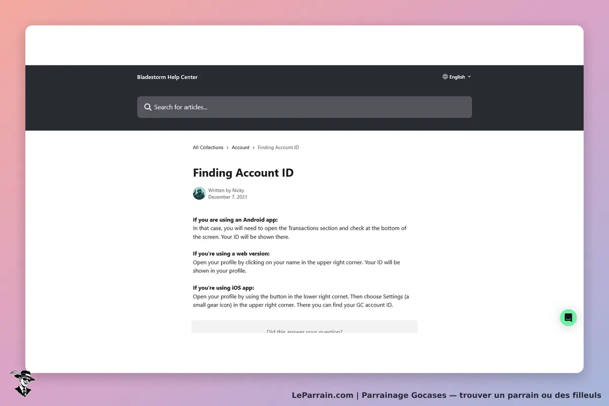 Gocases : page d'aide sur la recherche de l'identifiant de compte avec instructions