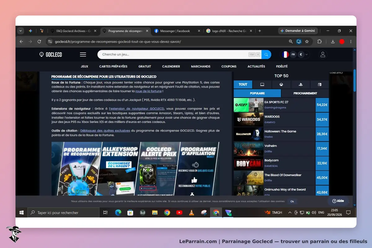 Goclecd : page d'accueil présentant des programmes de récompense et des jeux populaires