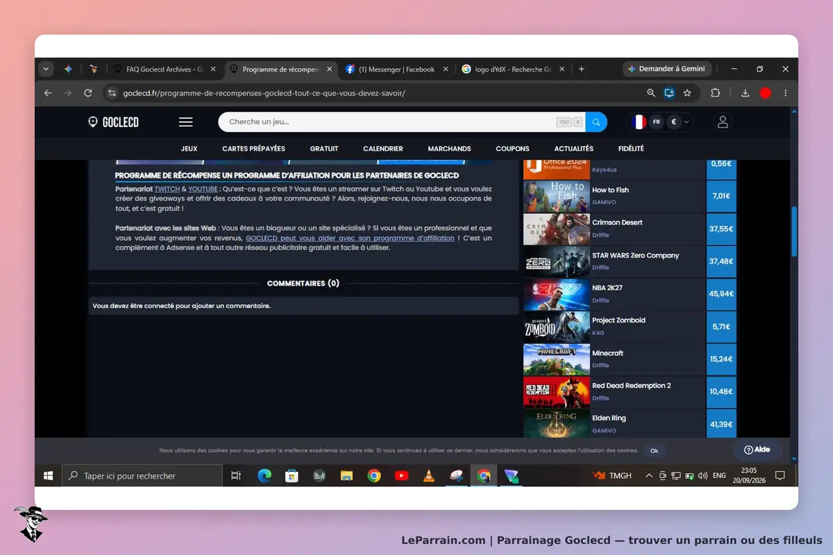 Goclecd : page d'accueil présentant le programme de récompenses et des jeux disponibles