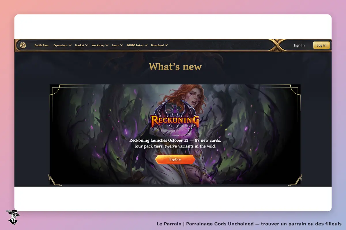 Gods Unchained : annonce du lancement de Reckoning avec une illustration et un bouton Explorer