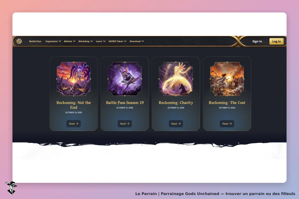 Gods Unchained : quatre cartes d'événements avec titres et dates sur fond sombre