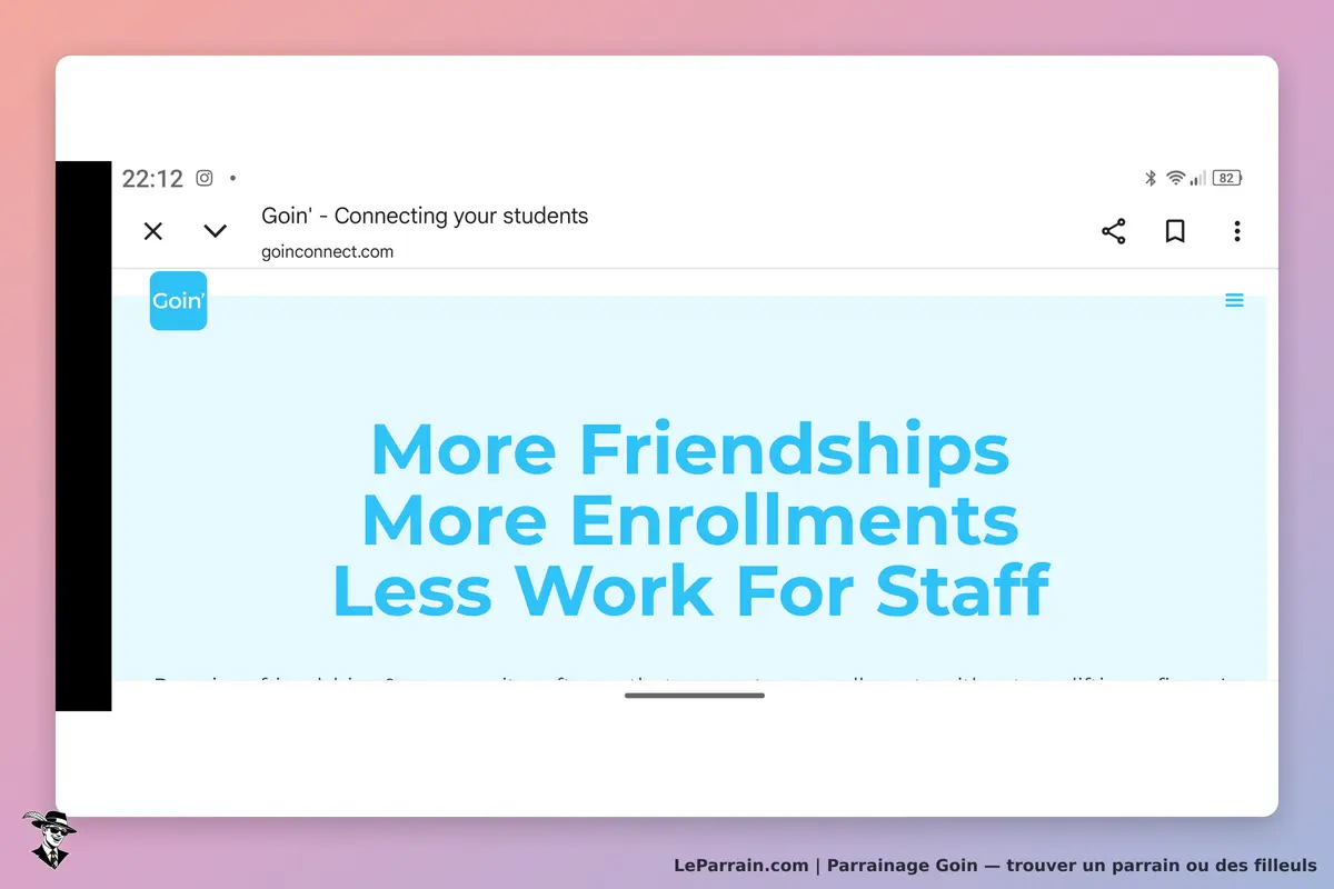 Goin : page d'accueil avec le slogan sur les amitiés et l'inscription des étudiants