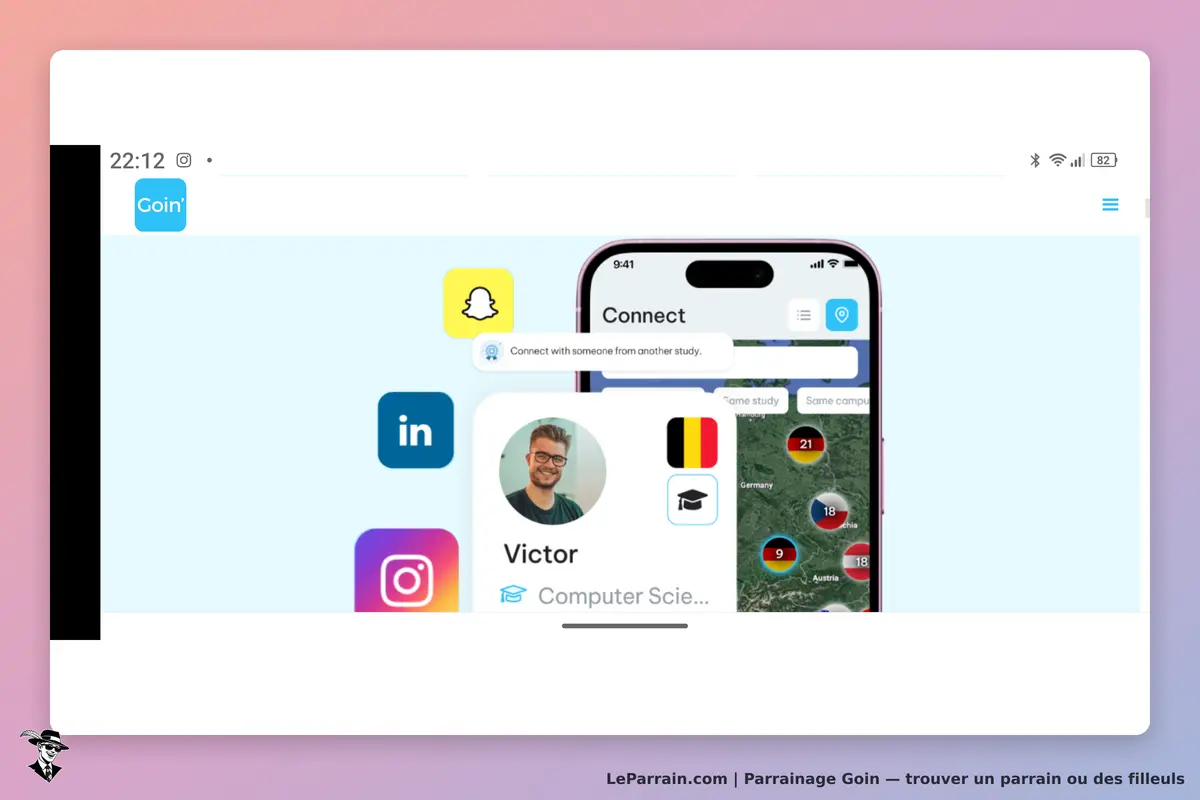 Goin : interface d'une application avec un profil utilisateur et des icônes de réseaux sociaux