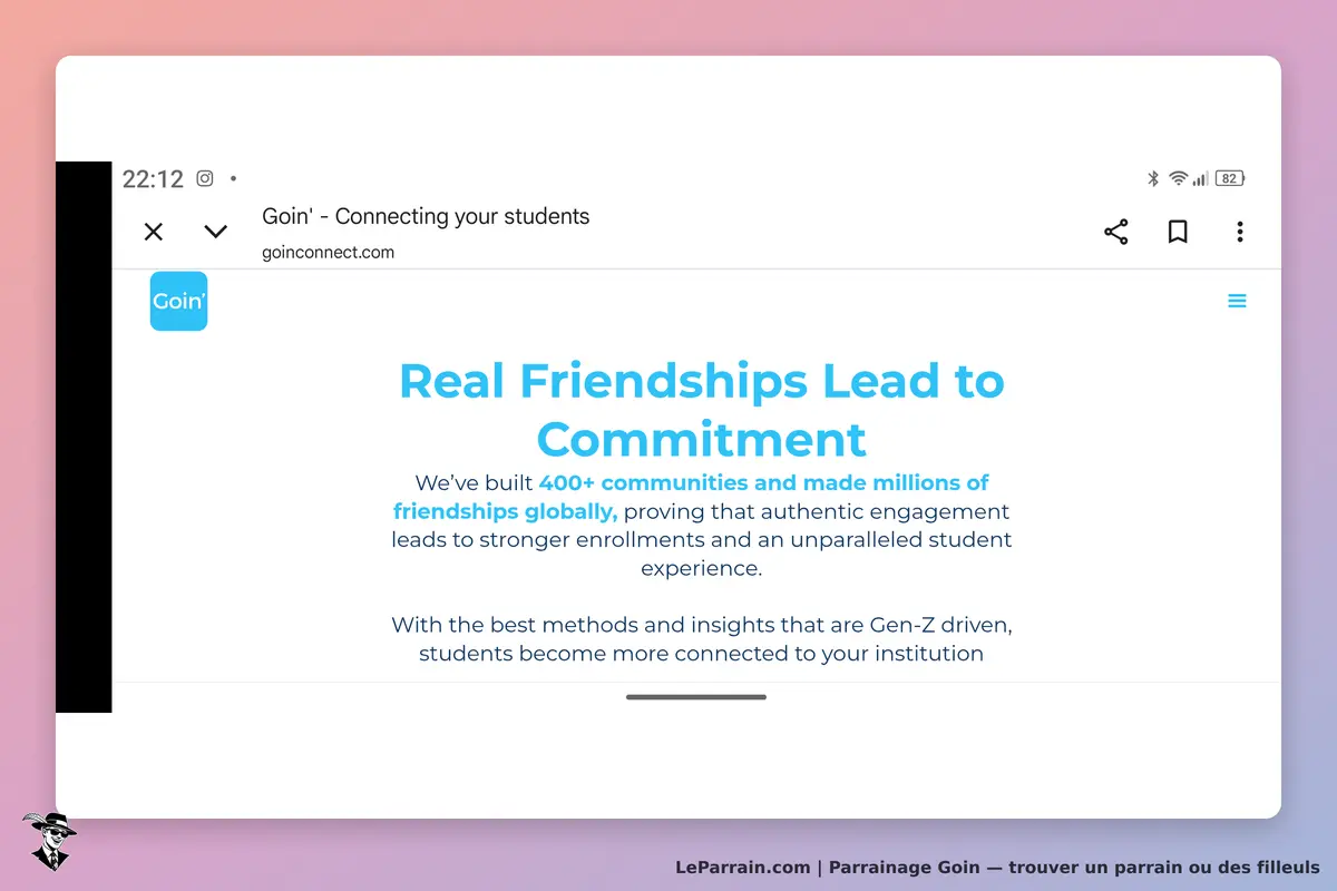 Goin : page d'accueil présentant des informations sur les amitiés et l'engagement étudiant