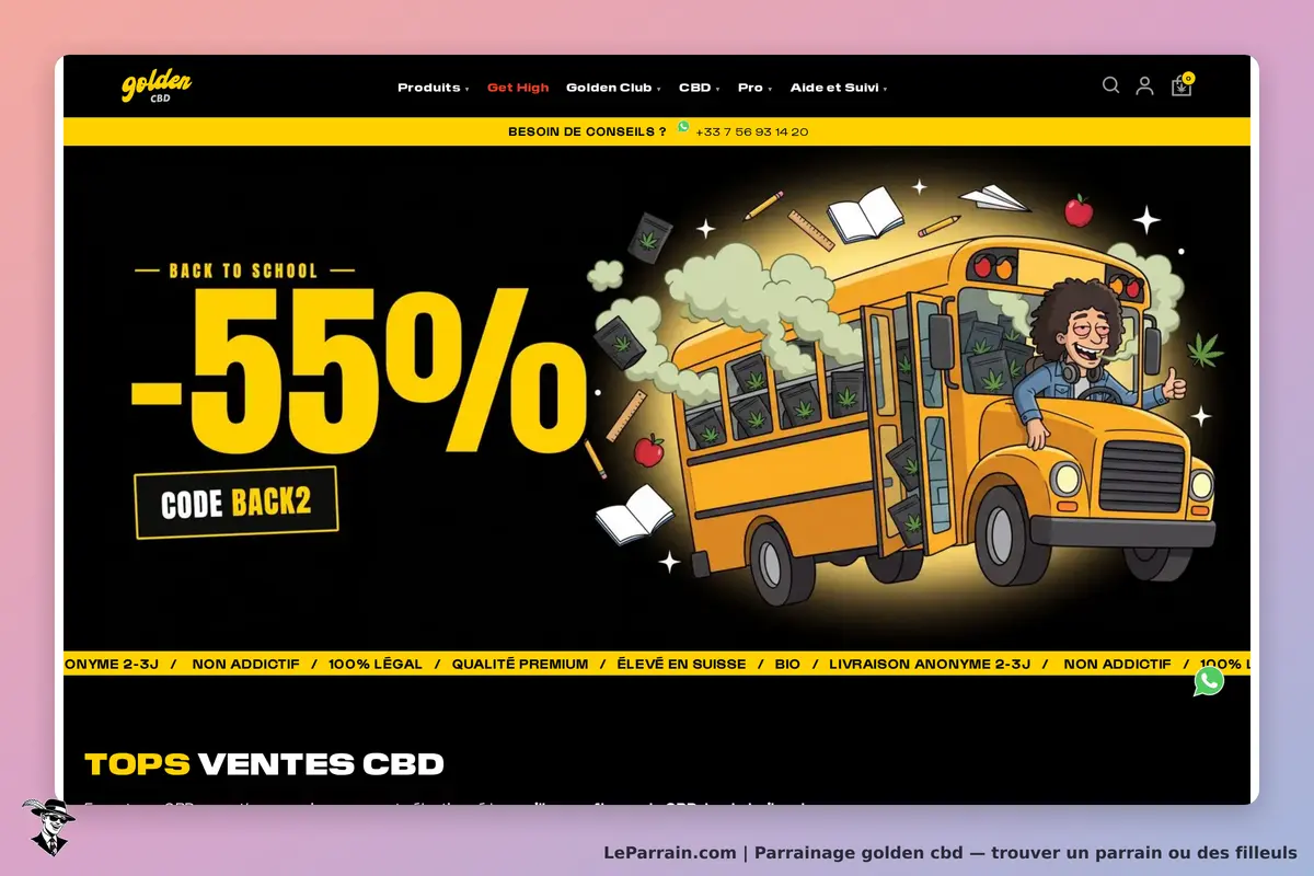 golden cbd : page d'accueil avec un bus jaune et des éléments scolaires autour d'un personnage
