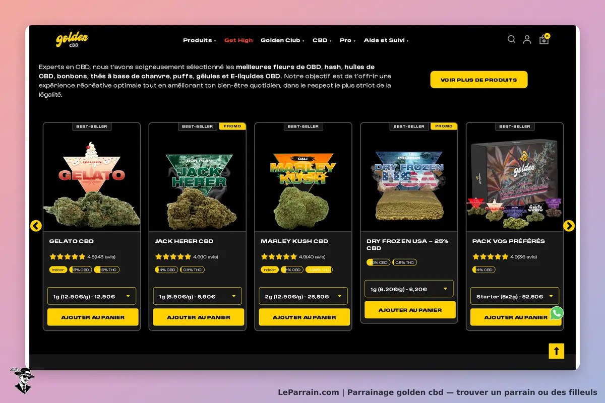golden cbd : page d'accueil présentant divers produits CBD avec images et évaluations
