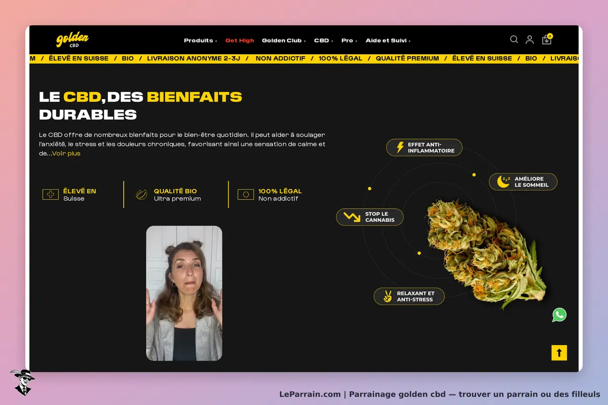 golden cbd : page d'accueil présentant les bienfaits du CBD et une image de fleurs de cannabis
